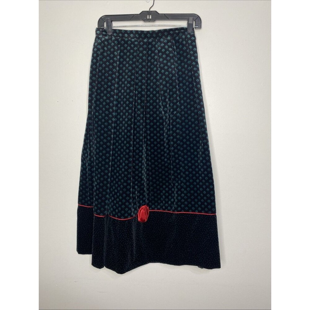 Vintage 70s Component Susan Bristol black green velvet fleur-de-lis midi skirt M